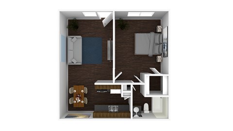 A top-down view of a small apartment with a kitchen, living room, and bedroom.